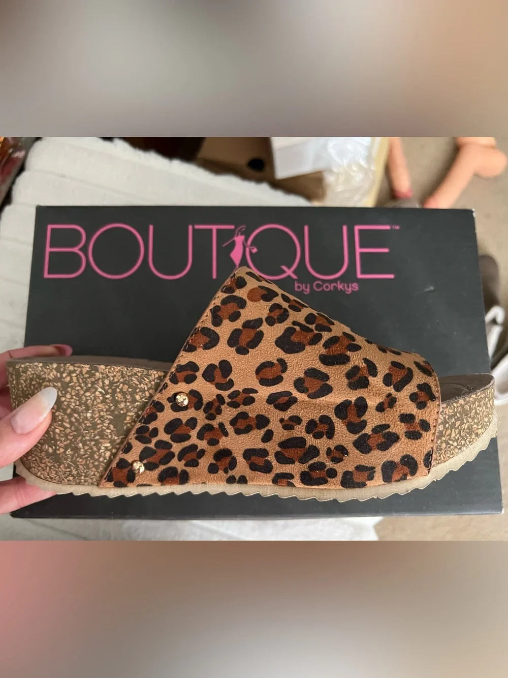 Corkys Leopard Print Wedge Slides - Tan & Black